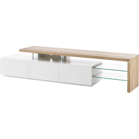 MILIBOO Meuble TV Design Laqué Blanc Mat Plateau Chêne L204 Cm MEDIA - Bois Clair / Blanc Laqué 4 MILIBOO Meuble TV Design Laqué Blanc Mat Plateau Chêne L204 Cm MEDIA - Bois Clair / Blanc Laqué – Image 2