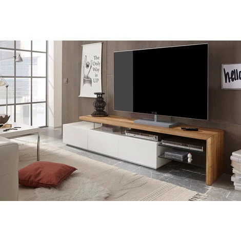 MILIBOO Meuble TV Design Laqué Blanc Mat Plateau Chêne L204 Cm MEDIA - Bois Clair / Blanc Laqué 6 MILIBOO Meuble TV Design Laqué Blanc Mat Plateau Chêne L204 Cm MEDIA - Bois Clair / Blanc Laqué – Image 4
