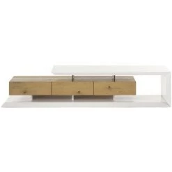 MILIBOO Meuble TV Design Laqué Blanc Et Bois L198 RITUEL - Bois Clair / Blanc Laqué