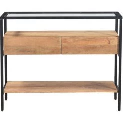 MILIBOO Console Avec Plateau Verre Et 2 Tiroirs En Manguier Massif L100 Cm SITA - Naturel