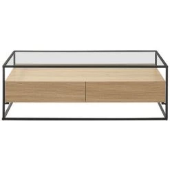 MILIBOO Table Basse Design Avec Plateau Verre Et Tiroirs Bois Rectangulaire FINN - Chêne Clair
