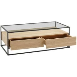 MILIBOO Table Basse Design Avec Plateau Verre Et Tiroirs Bois Rectangulaire FINN - Chêne Clair -France MILIBOO Soldes 2022 29433361 3