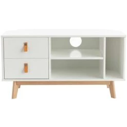 MILIBOO Meuble TV D'angle Scandinave Avec Tiroirs Blanc Et Bois L100 ROHAN - Bois Clair / Blanc