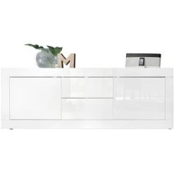MILIBOO Buffet Design Blanc Laqué Brillant Avec Tiroirs L210 Cm LATTE - Blanc Laqué Laqué