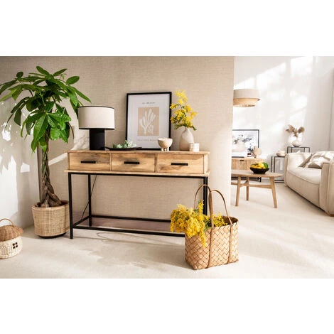 MILIBOO Console 3 Tiroirs Manguier Massif Et Métal L120 Cm AROK - Bois Clair / Noir 7 MILIBOO Console 3 Tiroirs Manguier Massif Et Métal L120 Cm AROK - Bois Clair / Noir – Image 5