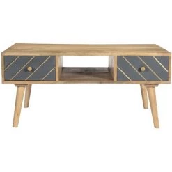 MILIBOO Table Basse En Manguier Massif Et Tiroirs Anthracite Et Doré Rectangulaire L100 Cm WALTER - Bois Clair / Noir