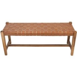 MILIBOO Banc Ethnique En Teck Massif Et Cuir L120 Cm LODGE - Marron Clair