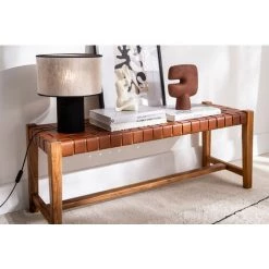 MILIBOO Banc Ethnique En Teck Massif Et Cuir L120 Cm LODGE - Marron Clair -France MILIBOO Soldes 2022 49082620 5