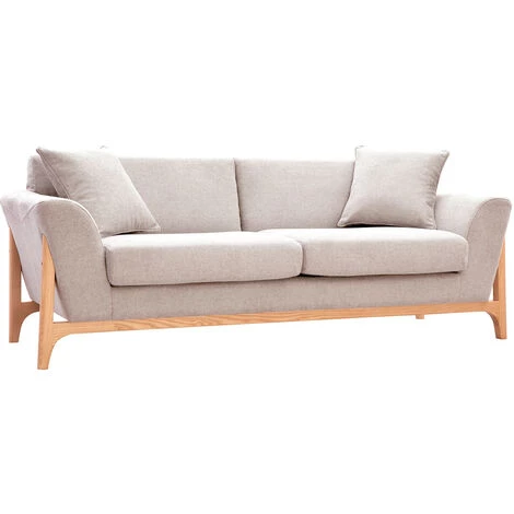 MILIBOO Canapé Scandinave 3 Places Tissu Effet Velours Texturé Beige Et Frêne ASAKO - Beige Naturel Velours 4 MILIBOO Canapé Scandinave 3 Places Tissu Effet Velours Texturé Beige Et Frêne ASAKO - Beige Naturel Velours – Image 2