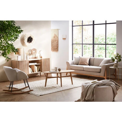 MILIBOO Canapé Scandinave 3 Places Tissu Effet Velours Texturé Beige Et Frêne ASAKO - Beige Naturel Velours 7 MILIBOO Canapé Scandinave 3 Places Tissu Effet Velours Texturé Beige Et Frêne ASAKO - Beige Naturel Velours – Image 5