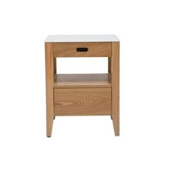 MILIBOO Table De Chevet Connectée Multimédia En Verre Trempé Blanc Et Bois Clair TEMPO