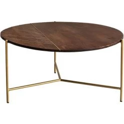 MILIBOO Table Basse Ronde En Manguier Massif Et Métal Doré D90 Cm SILLON - Noyer