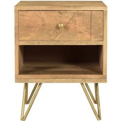 MILIBOO Table De Chevet Gravée En Manguier Massif Et Métal Doré LINUM - Naturel