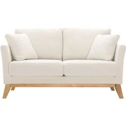 MILIBOO Canapé Scandinave 2 Places Déhoussable Blanc Effet Laine Bouclée Et Pieds Bois OSLO - Blanc