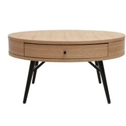 MILIBOO Table Basse Ronde En Bois Clair Et Métal Noir Avec Tiroir D82 Cm KORAL - Naturel