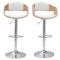 MILIBOO Tabourets De Bar Design Réglables En Polyuréthane Blanc Et Bois Clair (lot De 2) EUSTACHE - Bois Clair / Blanc
