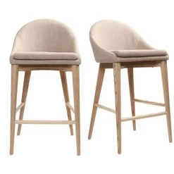 MILIBOO Tabourets De Bar Scandinaves En Tissu Beige Et Frêne Massif H66 Cm (lot De 2) DALIA - Beige